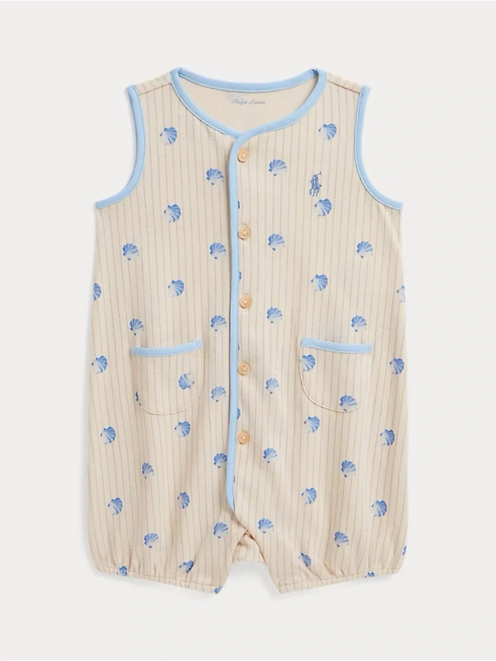 NWT 0-3m Polo Ralph Lauren Cream & Blue Shell-Print Sleeveless Romper Pajamas